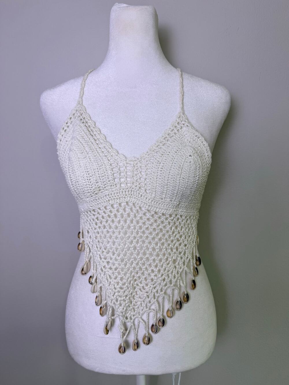Fairycore Crochet Halter Top Ivory Shell Beaded Festival XS Small